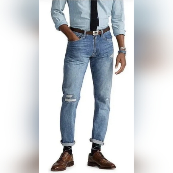 SOLD! Polo Ralph Lauren 33x32 Hampton Relaxed Straight Distressed Blue Jeans NWT - Picture 1 of 12